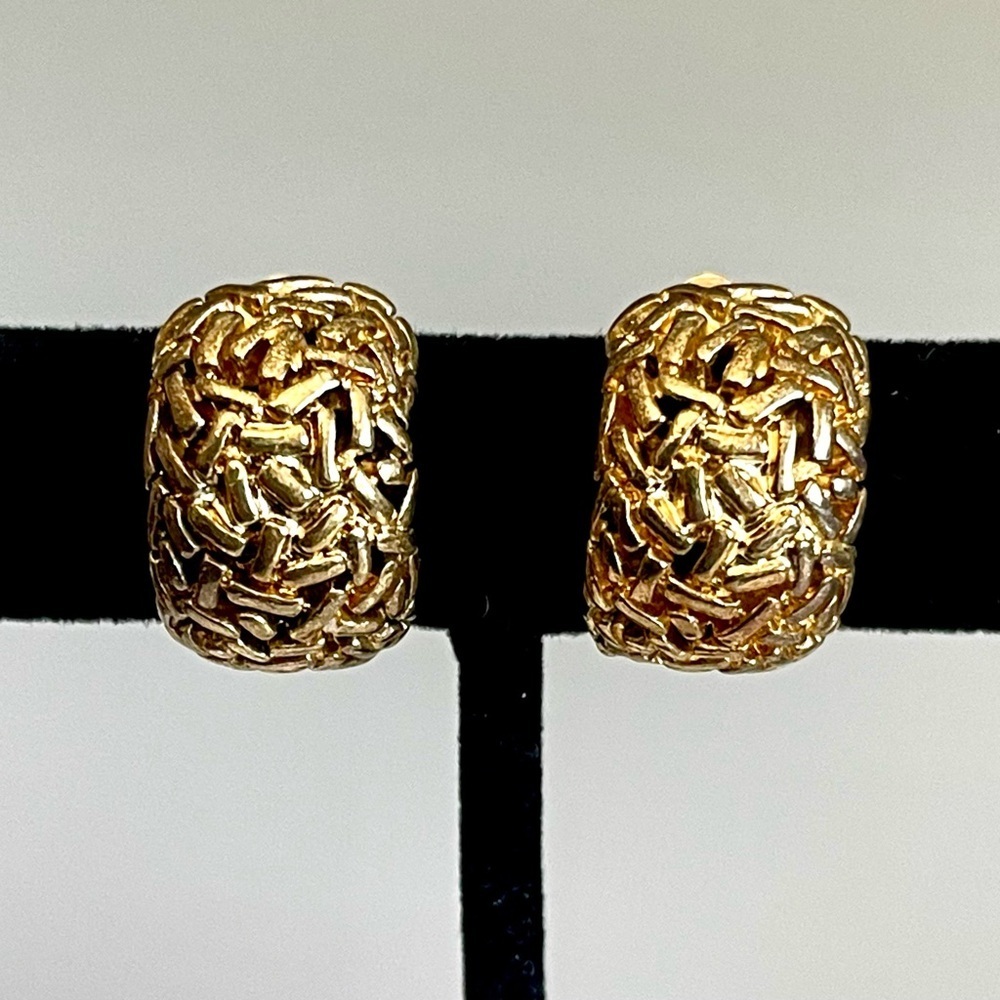 Anne Klein II Vintage AKII Gold Nugget Clip Earrings Textured 80s Designer Retro
